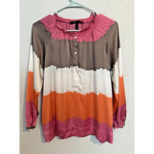 BCBGMaxazria Boho Orange Pink Taupe Off‎ White Silk Blouse Top Shirt XS
